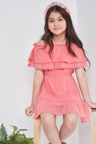 Coral Solid Flounce Dress, Coral, image 4
